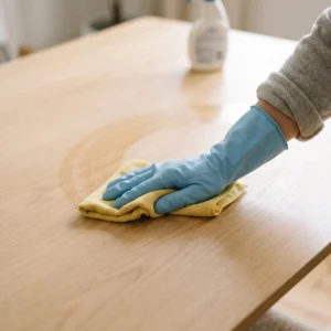 Gloved hand wiping a wooden table with a yellow microfiber cloth
